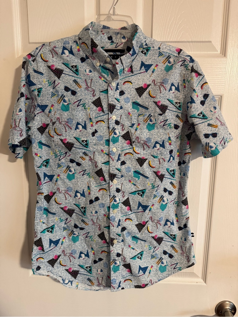 Short-Sleeve Saved By The Bell Style Print Button-Up Shirt - Light Blue